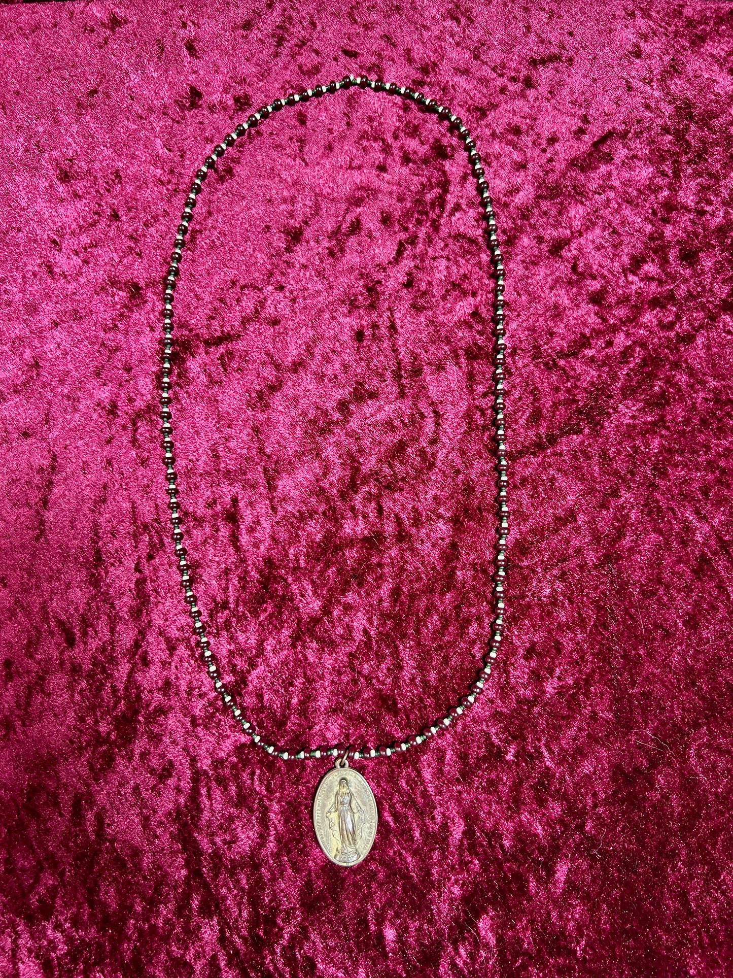 Vintage Metal Medallion Necklace – Miraculous Medal Beaded Rosary Style - 14"
