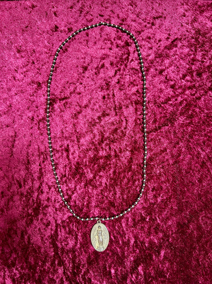 Vintage Metal Medallion Necklace – Miraculous Medal Beaded Rosary Style - 14"
