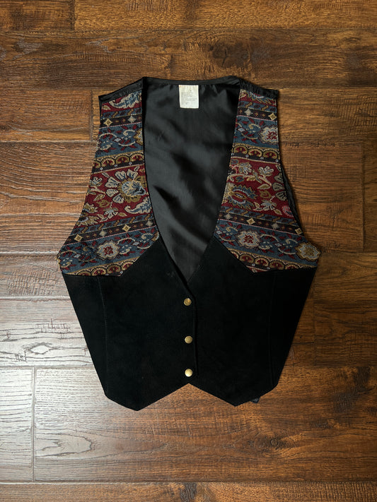 Vintage Suede Vest - Black Tapestry Yoke Gold Snap Tailored Waistcoat - Size Small / Medium