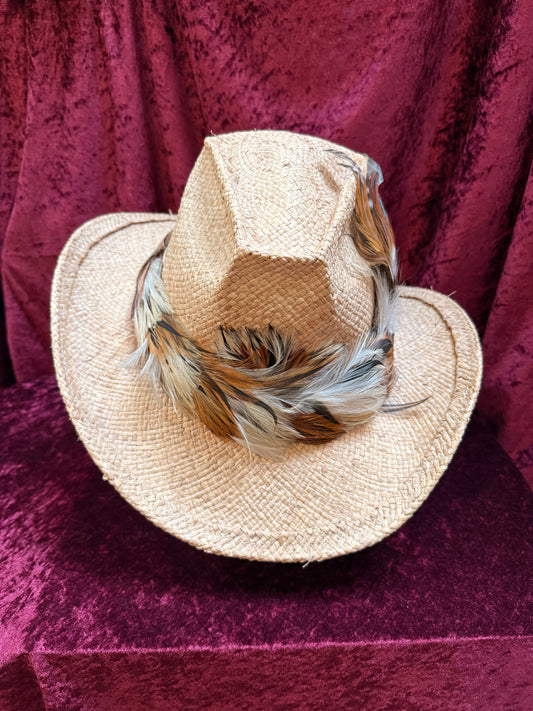 Vintage Accessories - Straw Cowboy Hat with Feathers - Shady Brady Unisex Large