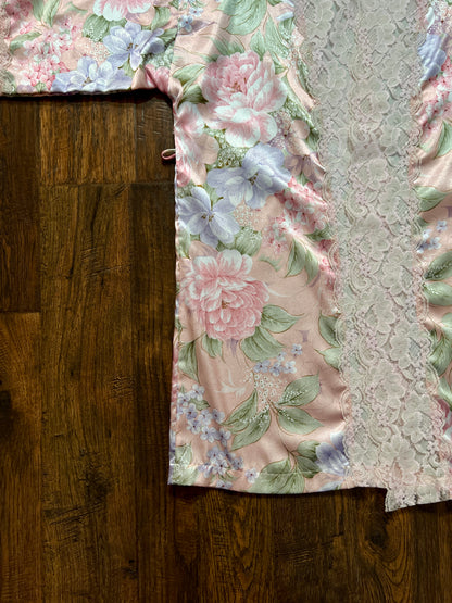 Vintage Silky Nightgown and Robe Lingerie Set - Pink Floral Print Peignoir Ensemble - Val Mode