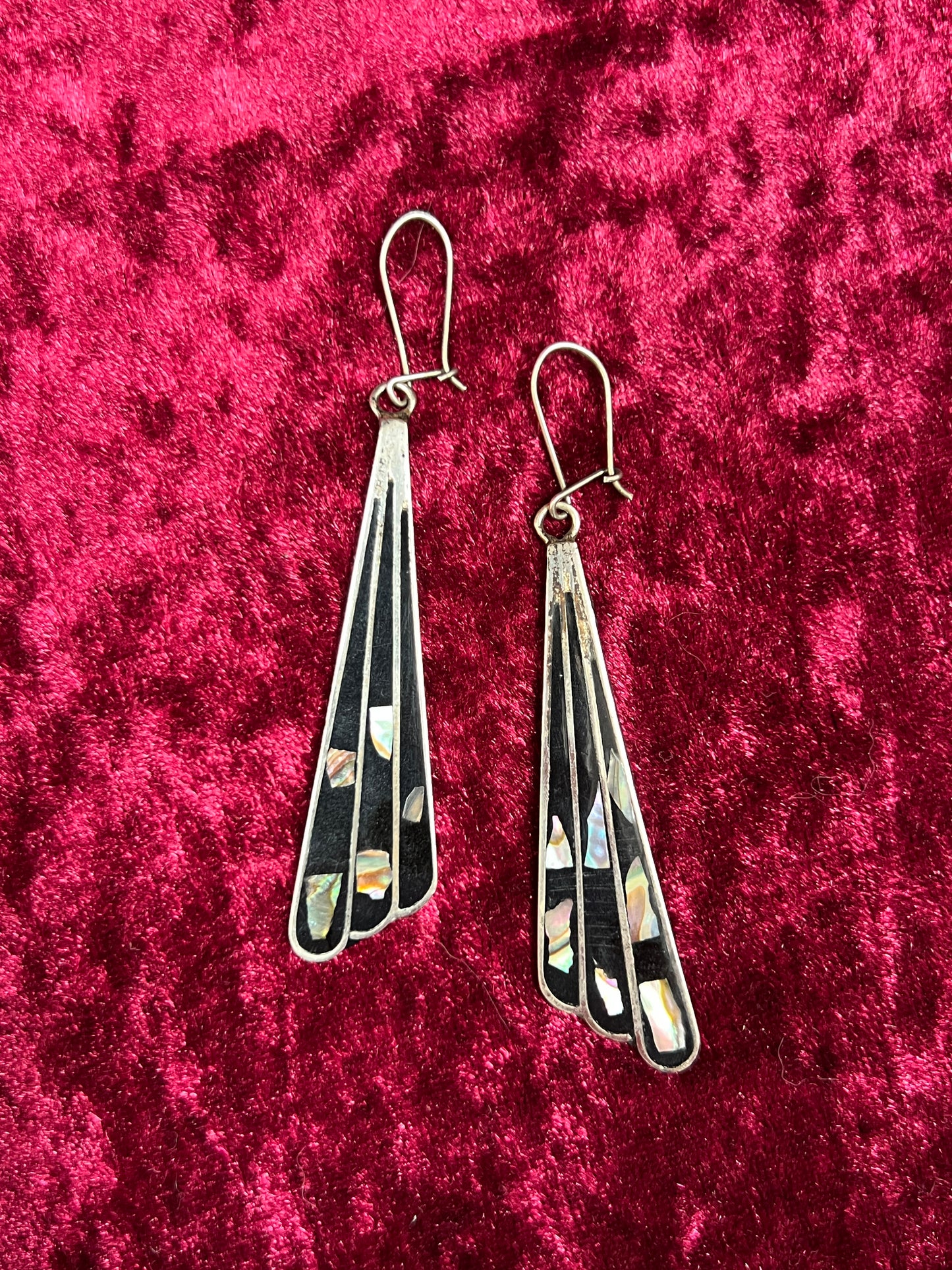 Vintage Jewelry - Sterling Silver Earrings - Inlaid Niello and Abalone Shell - Mexico