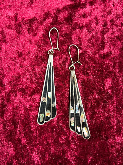 Vintage Jewelry - Sterling Silver Earrings - Inlaid Niello and Abalone Shell - Mexico