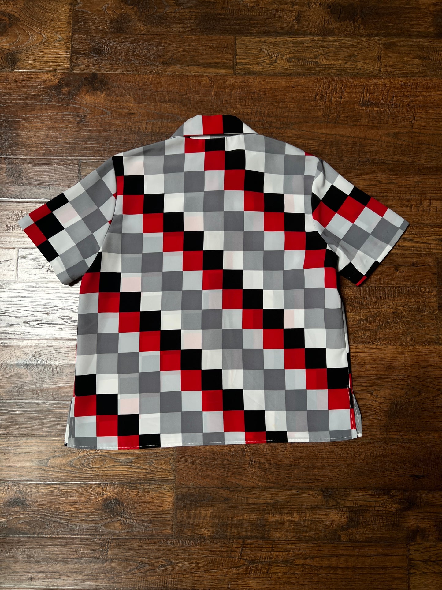 Vintage Exposé Blouse – Red Black Gray Checkerboard Print – Size Large