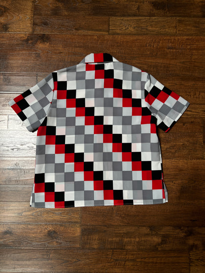 Vintage Exposé Blouse – Red Black Gray Checkerboard Print – Size Large