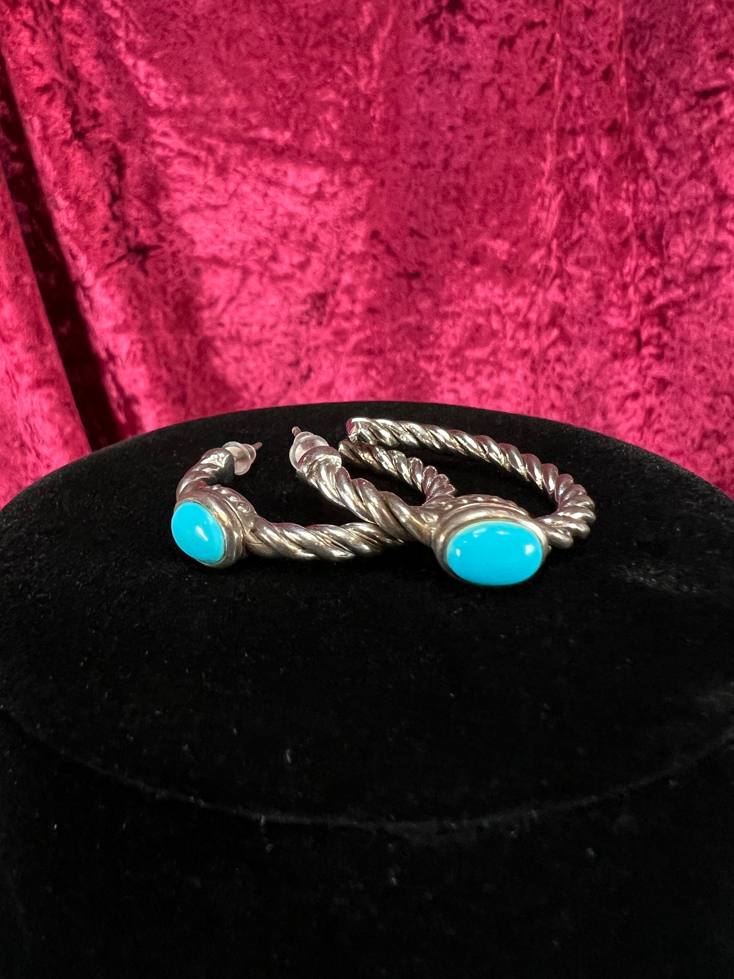 Vintage Style Sterling Silver Twisted Hoop Earrings – Cinderella Turquoise Cabochon