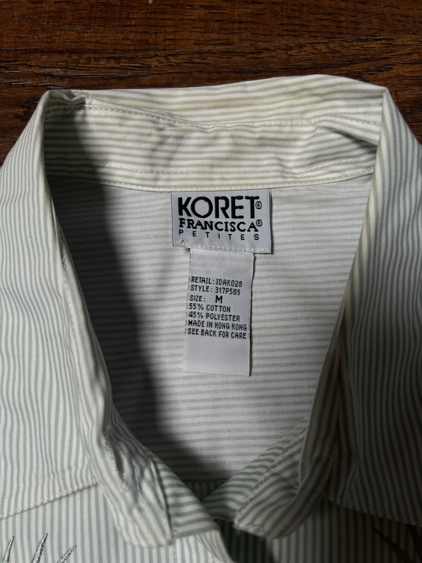 Vintage Koret Francisca Cotton Blend Blouse – Green Pinstripe Floral Embroidery – Medium