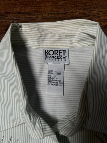 Vintage Koret Francisca Cotton Blend Blouse – Green Pinstripe Floral Embroidery – Medium