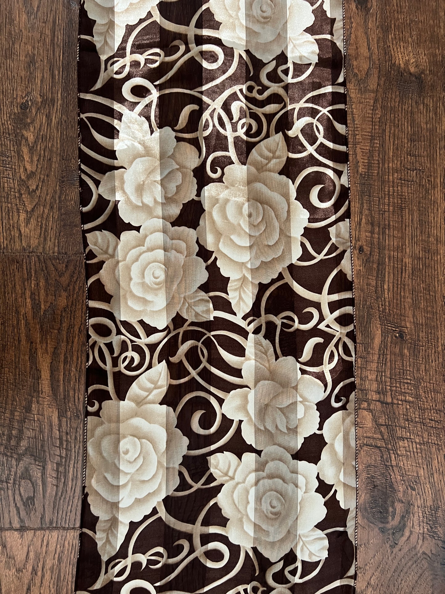 Vintage Floral Scarf - Brown Ivory Rose Semi Sheer Wrap