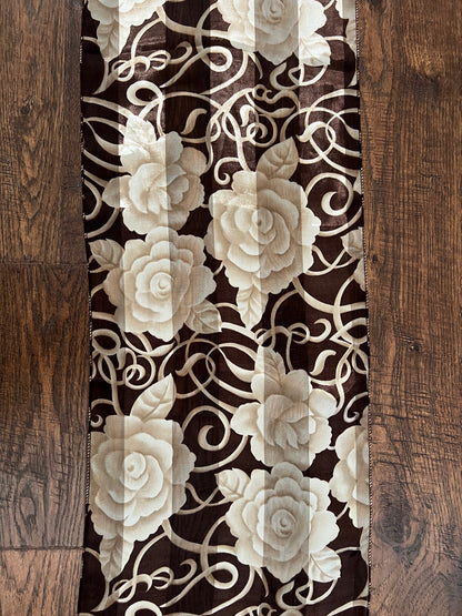 Vintage Floral Scarf - Brown Ivory Rose Semi Sheer Wrap