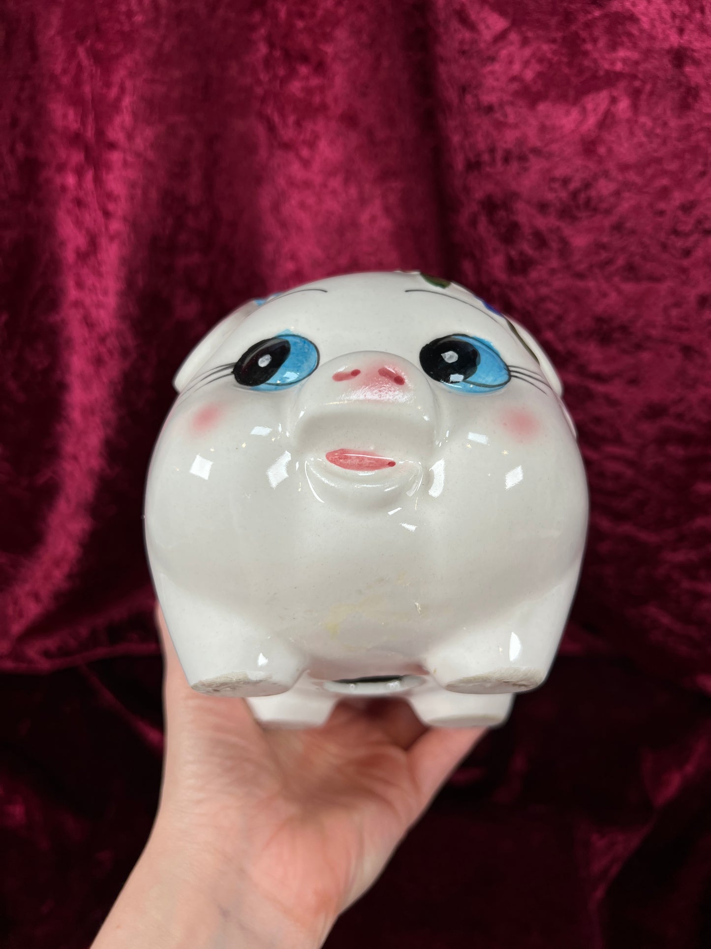 Vintage Ceramic Piggy Bank - Anthropomorphic Blue Eyed Kitsch Pig