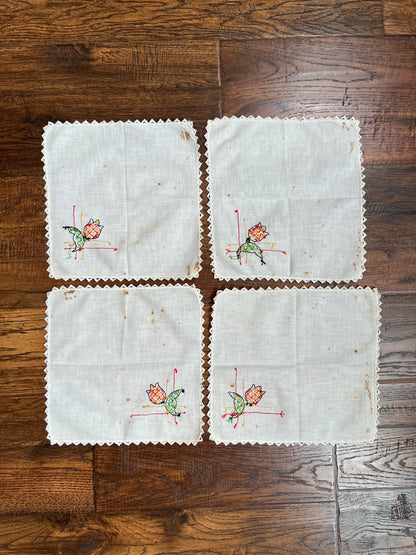 Vintage Linens - Square Tablecloth and Napkin Set - Embroidered Red Tulips