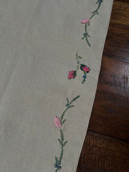 Vintage Rectangular Linen Table Runner - Hand Embroidered Puffy Pink Rosebud Vine