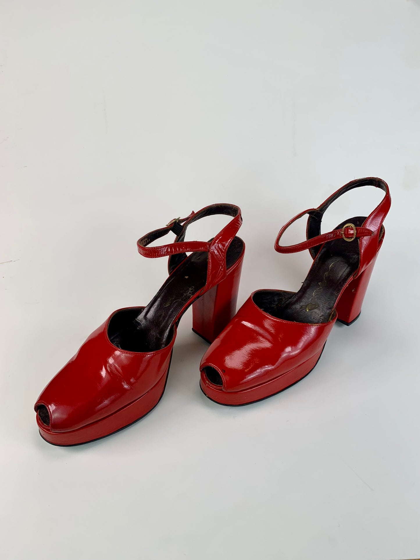 Vintage Shoes - Patent Leather Peep Toe Platform Heels - Cherry Red - 7 1/2