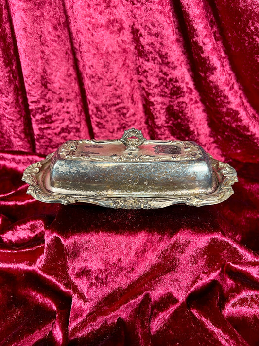 Vintage Kitchen - Covered Butter Dish - Silver Metal  - Ornate Scalloped Edge - No Insert