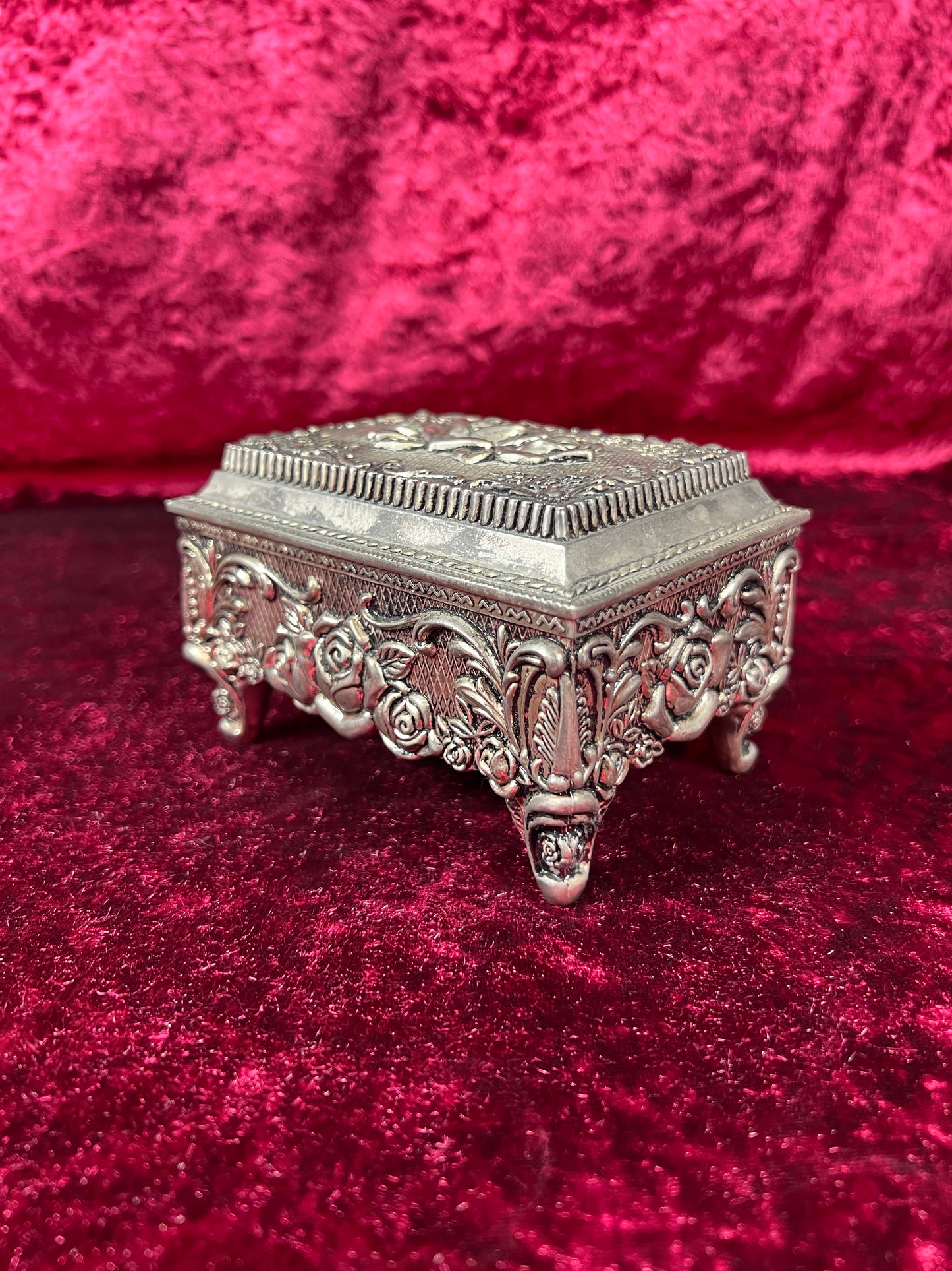 Vintage Vanity - Jewelry Box - Ornate Silver Rose Filigree - Black Velvet Lining - Footed