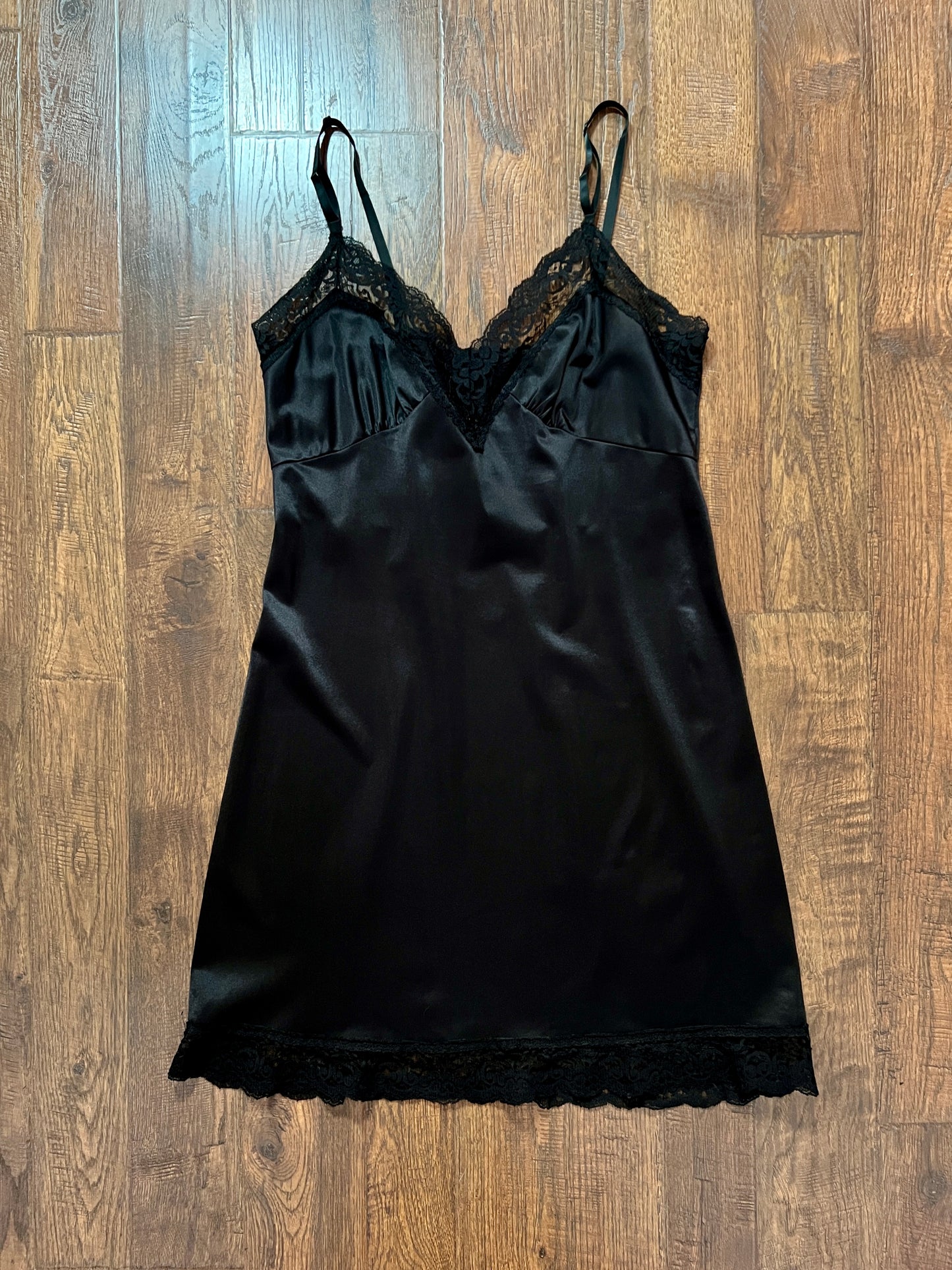 Vintage Nylon Spaghetti Strap Slip Dress - Black Lace Trim Nightgown