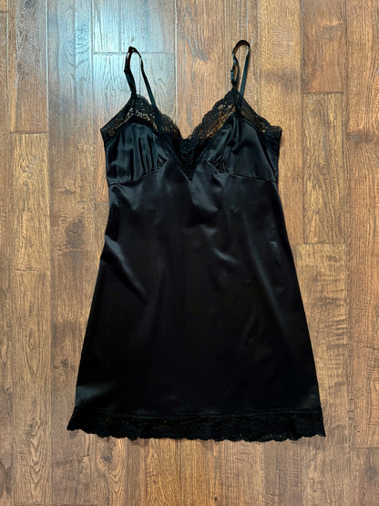 Vintage Nylon Spaghetti Strap Slip Dress - Black Lace Trim Nightgown