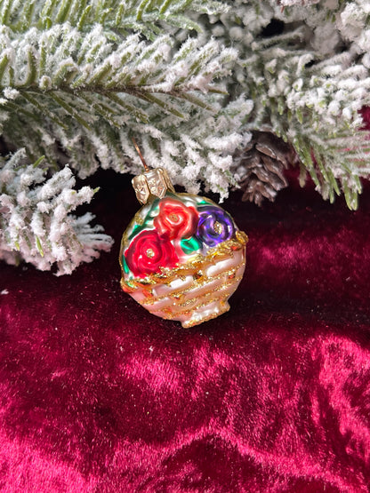 Vintage Christmas - Handblown Glass Ornament - Basket Of Flowers