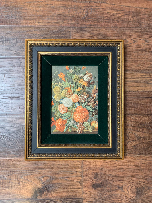 Vintage Wall Art - Maximalist Botanical Print - Ornate Gold and Black Frame with Green Velvet