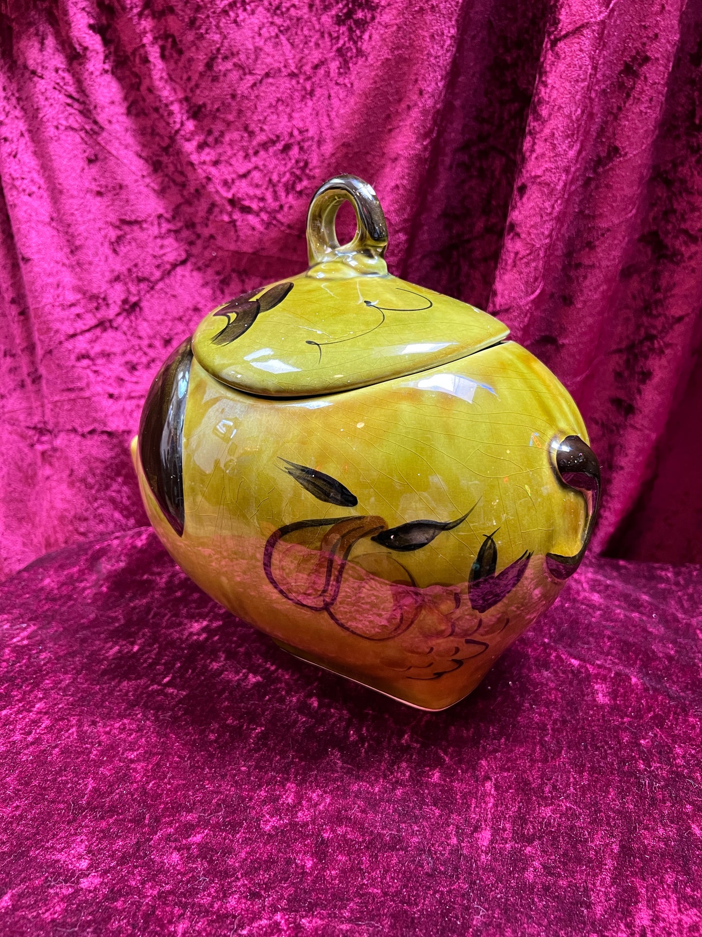 Vintage Kitchen - Ceramic Cookie Jar - Green Grinning Piggy - Los Angeles Pottery
