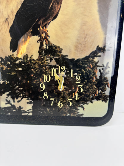 Vintage Wall Clock Resin Art - Wolf and Eagle Black Glitter