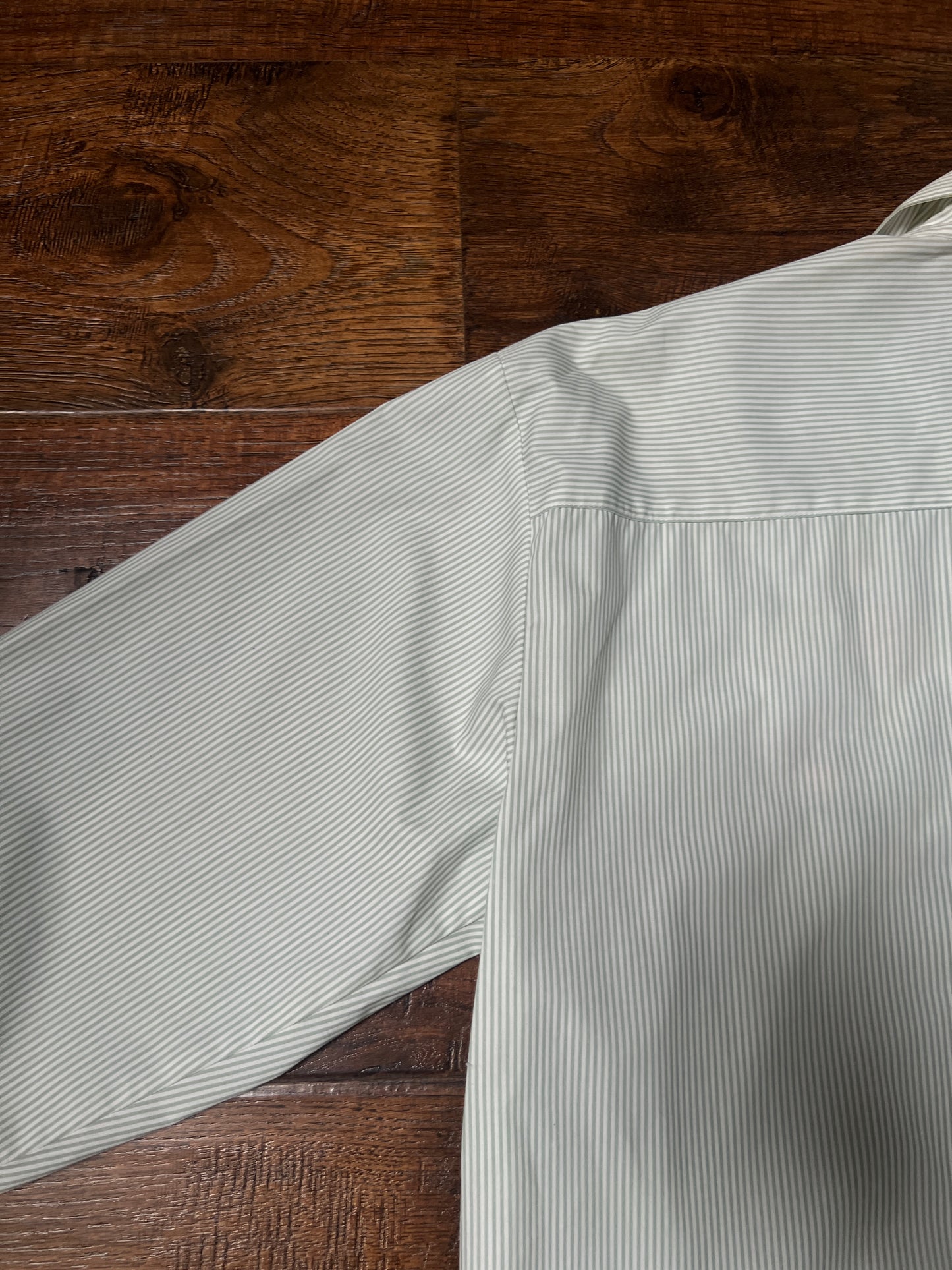Vintage Koret Francisca Cotton Blend Blouse – Green Pinstripe Floral Embroidery – Medium