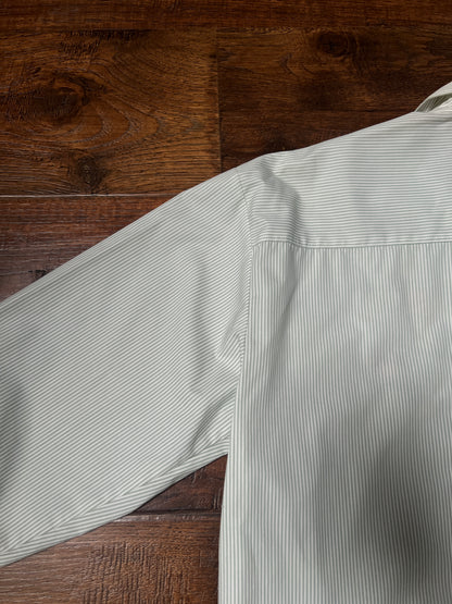 Vintage Koret Francisca Cotton Blend Blouse – Green Pinstripe Floral Embroidery – Medium