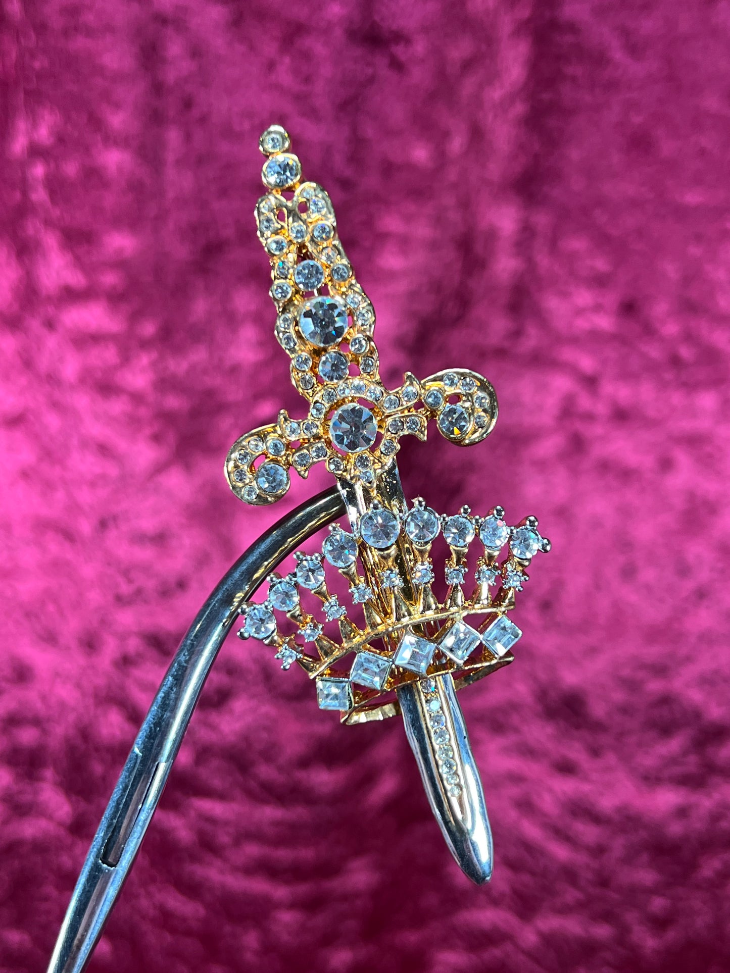 Vintage Jewelry - Brooch - Sword and Crown - Mixed Tone Metals and Clear Rhinestones - L-S