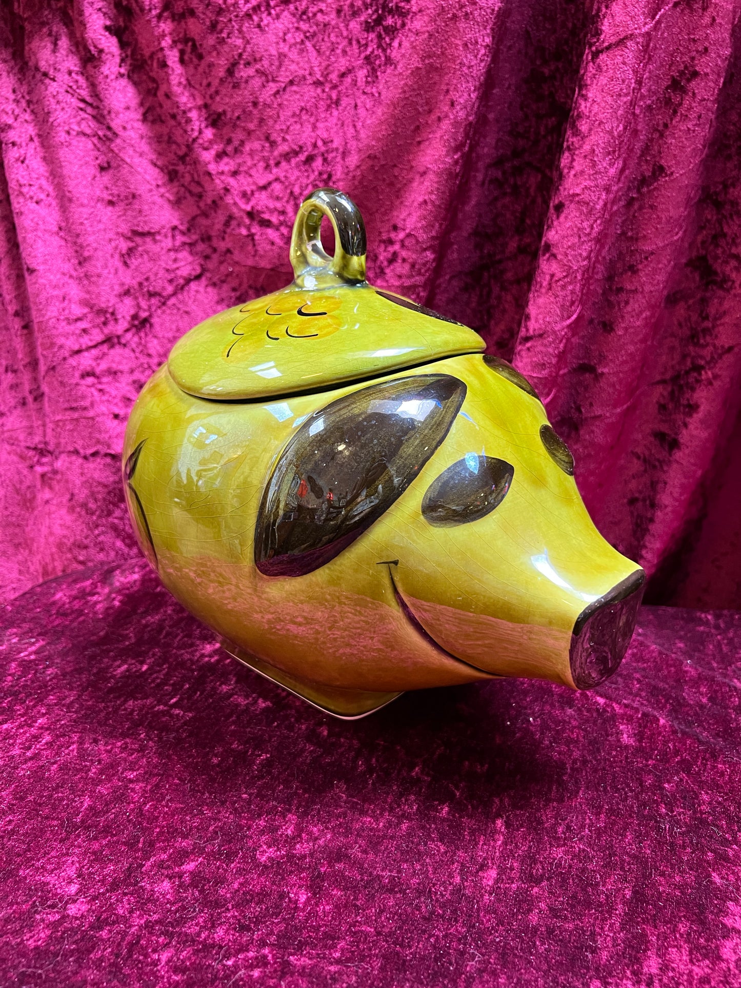 Vintage Kitchen - Ceramic Cookie Jar - Green Grinning Piggy - Los Angeles Pottery