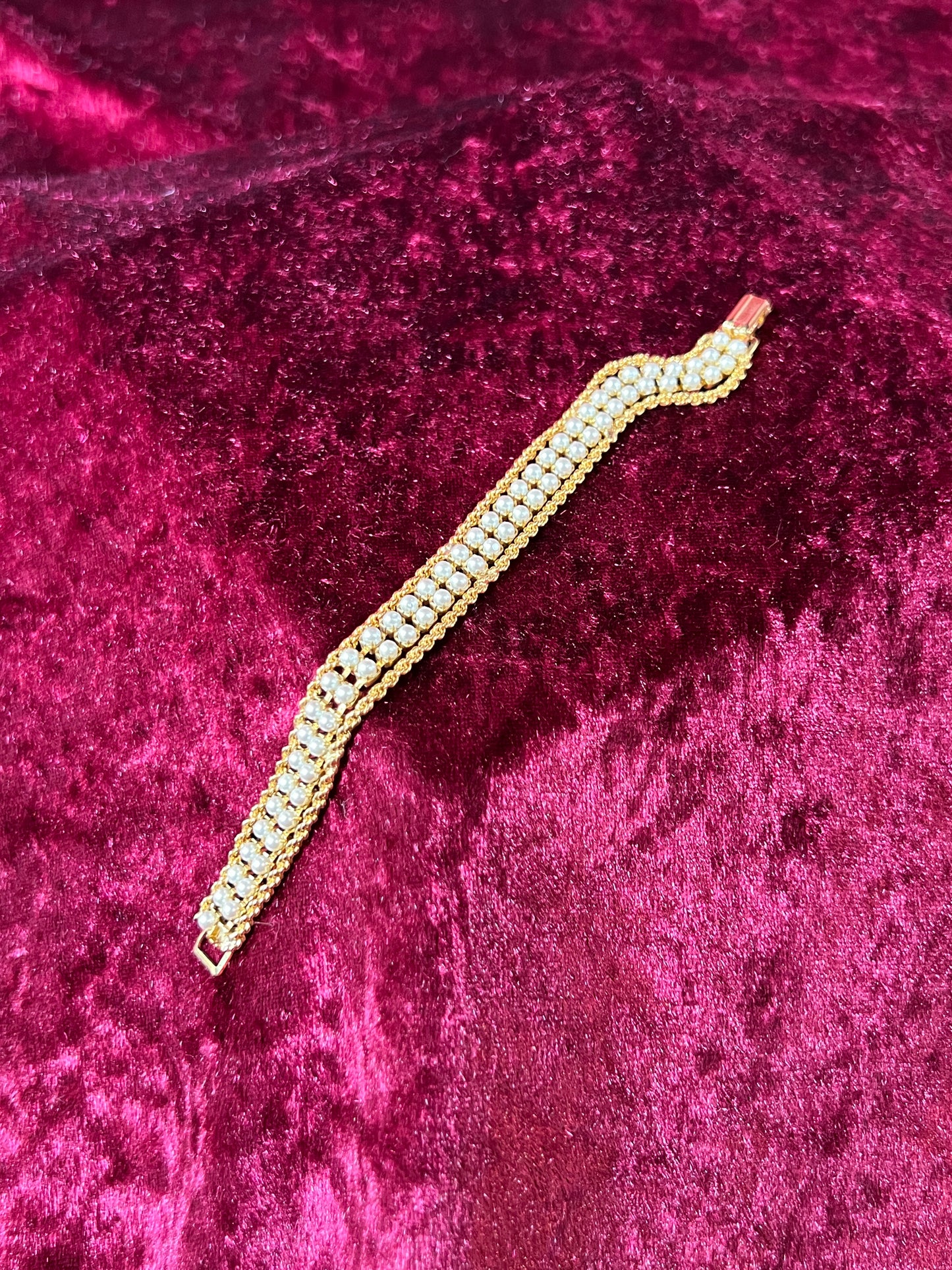 Vintage Jewelry - Multi-Strand Bracelet - Gold Tone - Dainty Faux Pearls - 7"