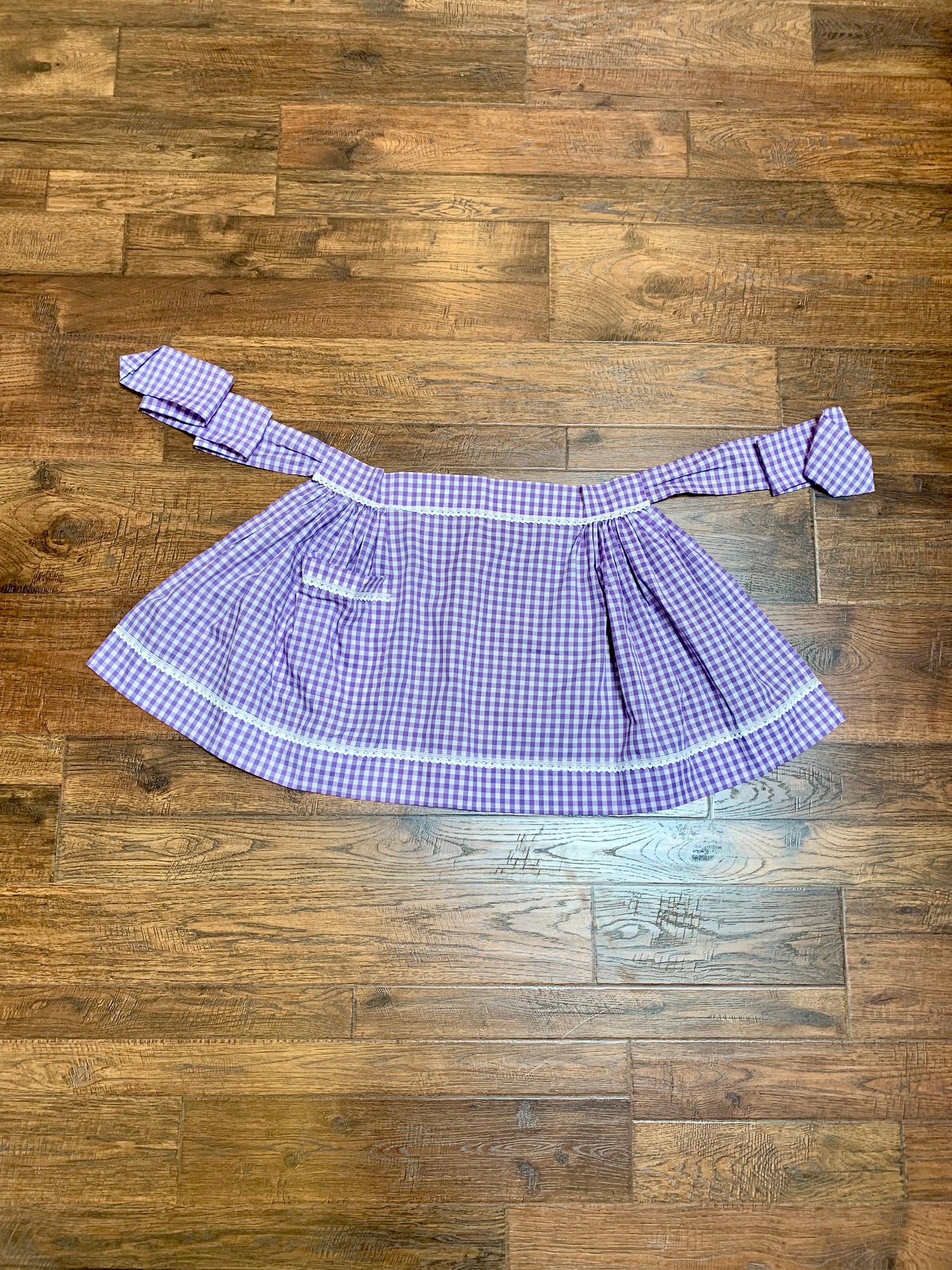 Vintage Lilac & Periwinkle Gingham Half Apron with Lace Detail