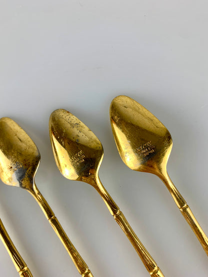 Vintage SCC Japan Gold Tone Bamboo Dessert Spoons - Set of 4