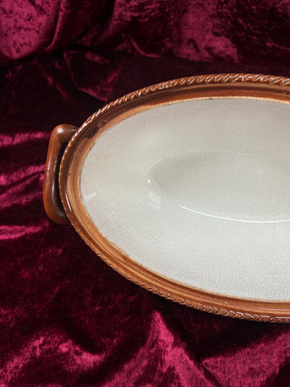 Vintage Ceramic Covered Casserole Dish - Majolica Mushroom Lid Basketweave Belgium Tellurite