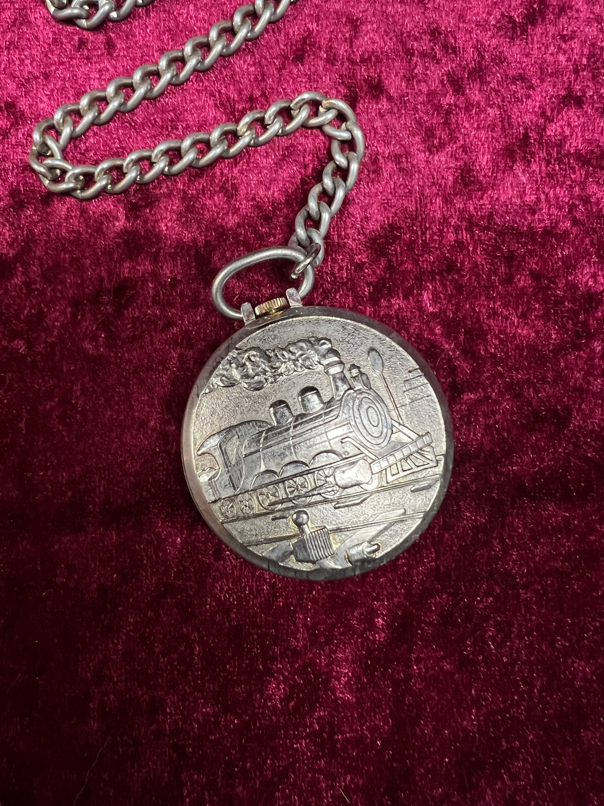 Vintage Metal Pocket Watch - Majestime Swiss Made Railroad Train with Chain