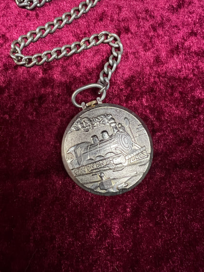 Vintage Metal Pocket Watch - Majestime Swiss Made Railroad Train with Chain