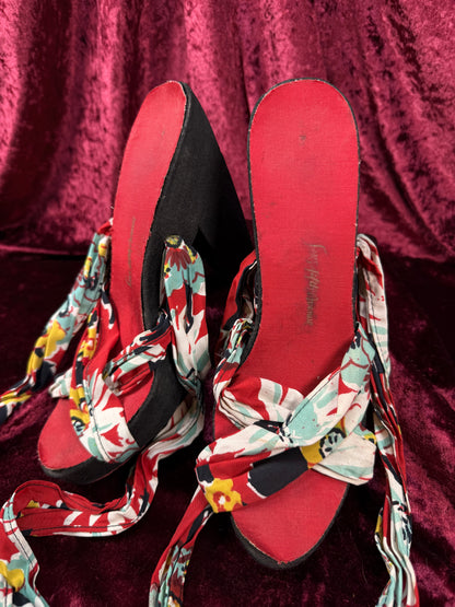 Vintage Saks Fifth Avenue Platform Pin Up Heels – Wood Sole Floral Wrap Tie Sandals