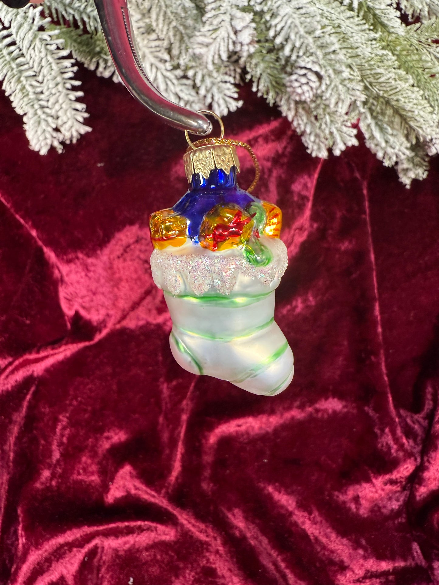 Vintage Christmas - Handblown Glass Ornament - Stuffed Striped Stocking