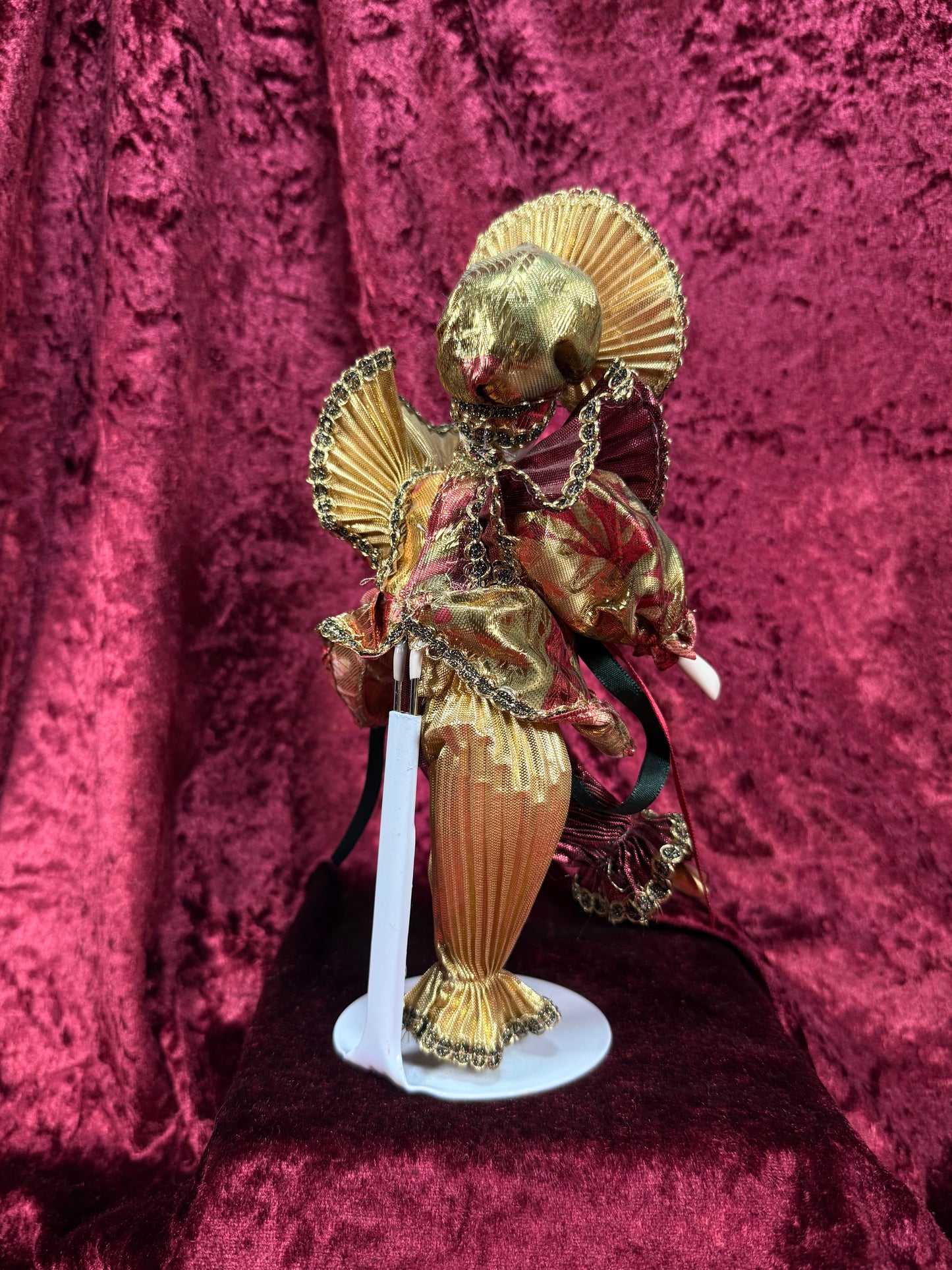 Vintage Porcelain Jester Doll – Metallic Pleated Costume Renaissance Figure - Red and Gold