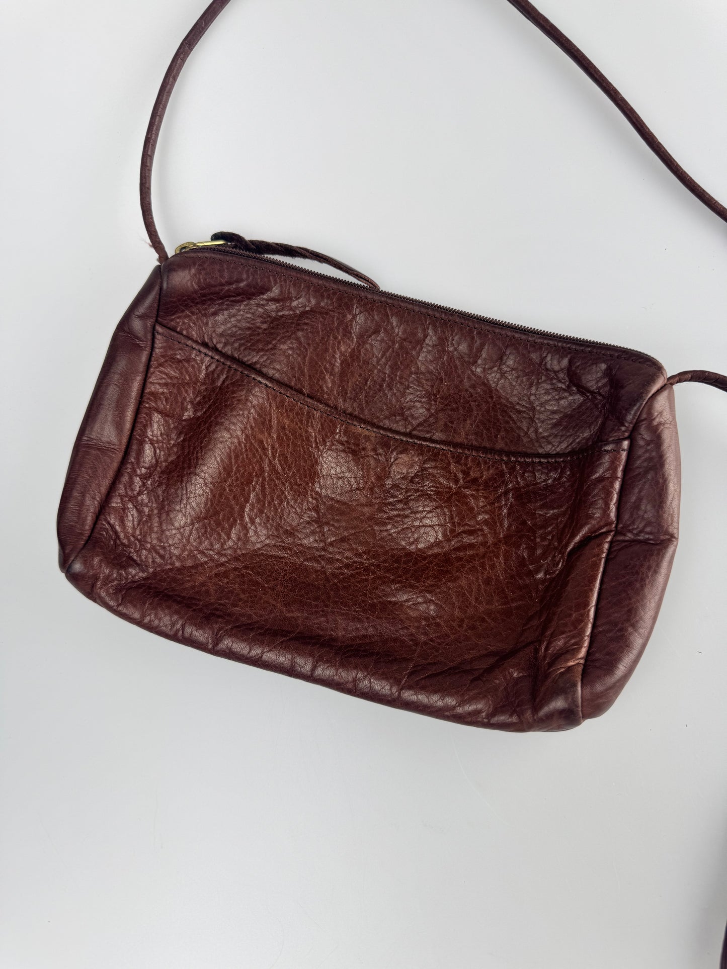 Vintage Purse - Brown Leather Crossbody Bag - Zippered Top