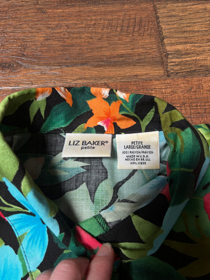 Vintage Liz Baker Petite Rayon Hawaiian Shirt – Tropical Floral Print – Large