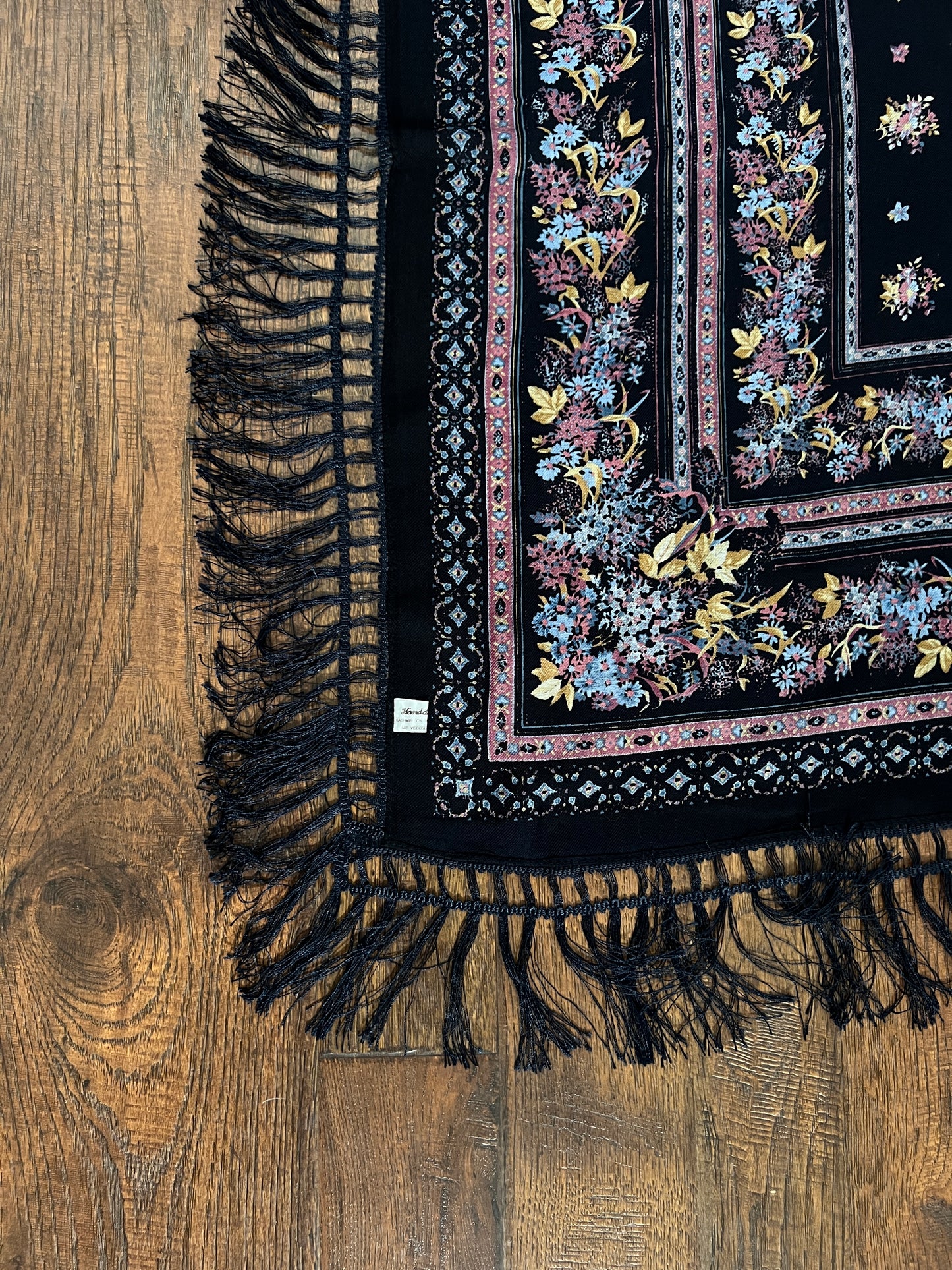 Vintage Kashmir Woole Floral Fringe Scarf - Dark Blue Square Wrap Bohemian Style