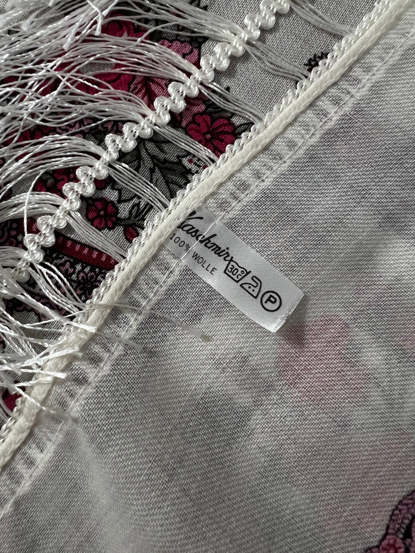 Vintage Kashmir Woole Floral Fringe Scarf - White Rose Square Wrap Bohemian Style