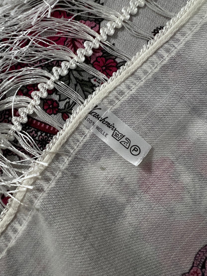 Vintage Kashmir Woole Floral Fringe Scarf - White Rose Square Wrap Bohemian Style