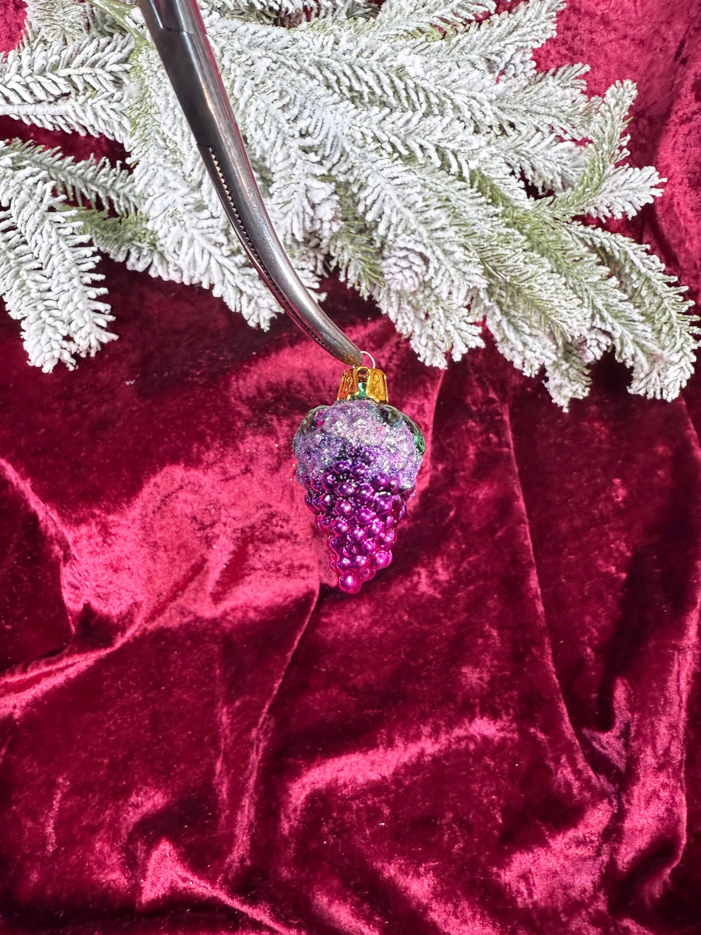 Vintage Christmas - Handblown Glass Ornament - Purple Grape Cluster with Glitter
