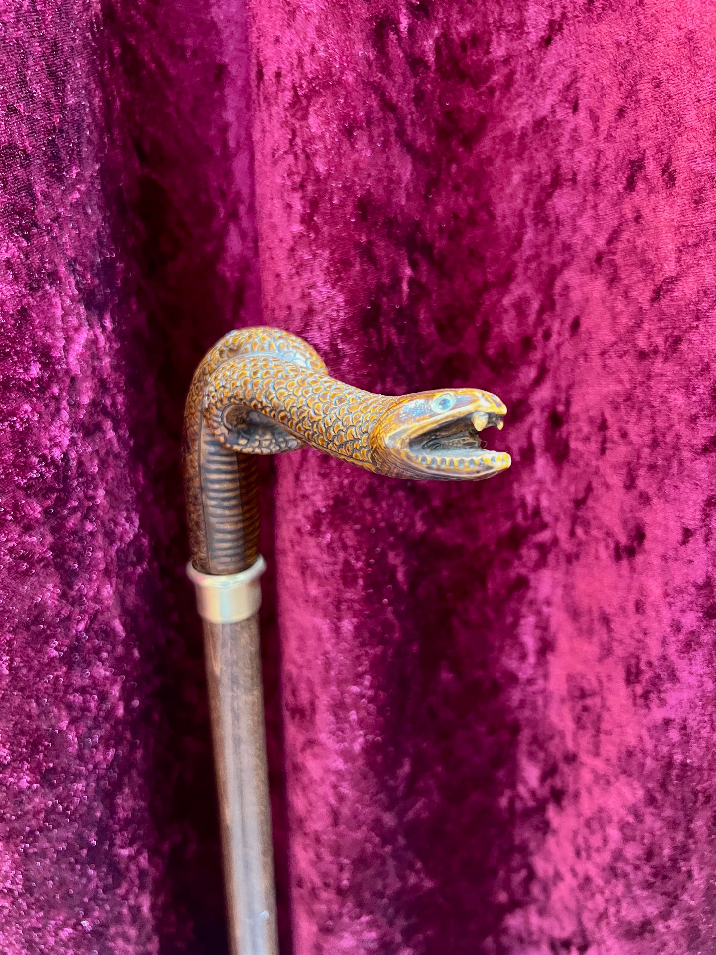 Vintage Wood Walking Cane – Hand Carved Snake Head Handle Antique Style