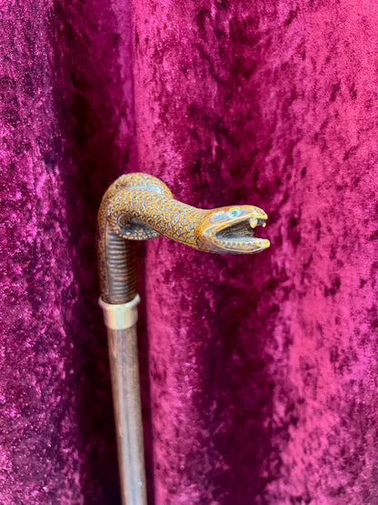 Vintage Wood Walking Cane – Hand Carved Snake Head Handle Antique Style