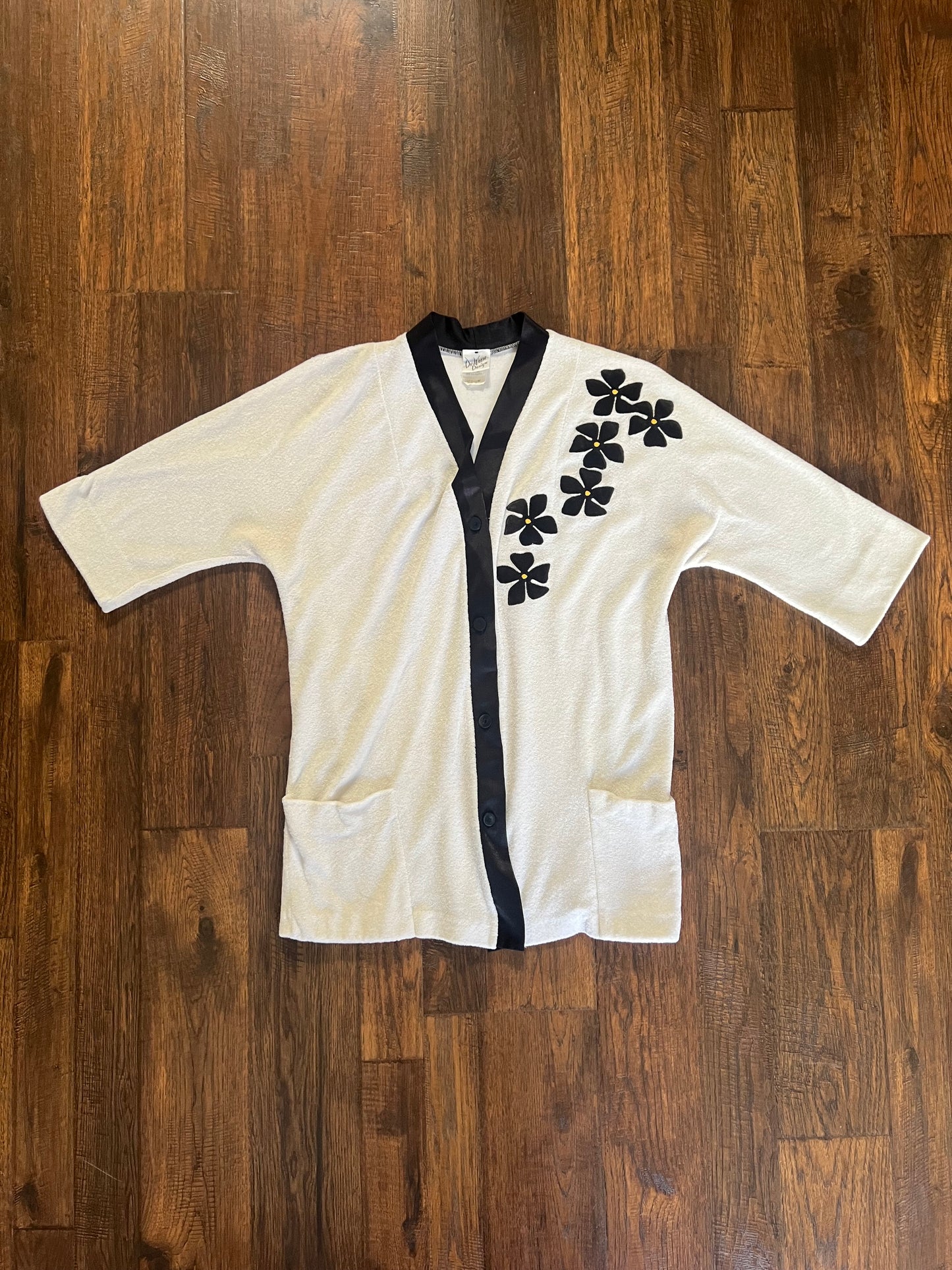 Vintage Clothing - Terry Cloth Swim Cover Up - Black Floral Embellishment - Medium - DeWeese Design