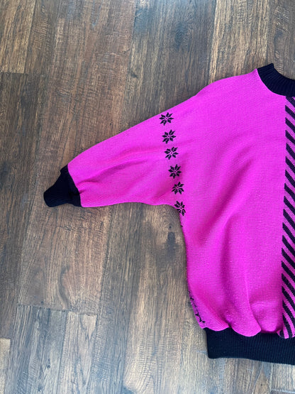 Vintage Clothing - 1980s Sweater - Hot Pink and Black - R Knit - Medium - Made In England