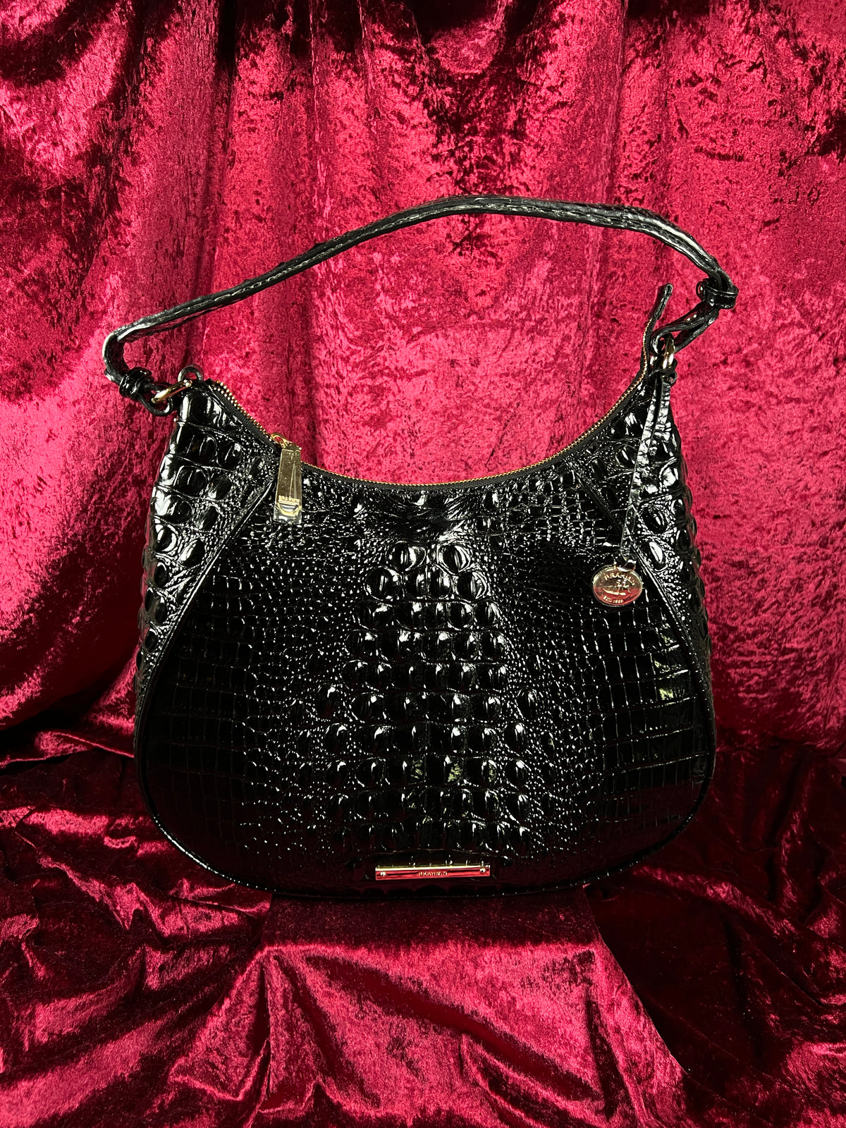 Vintage Brahmin Black Melbourne Leather Hobo Bag - Croc Embossed Shoulder Purse